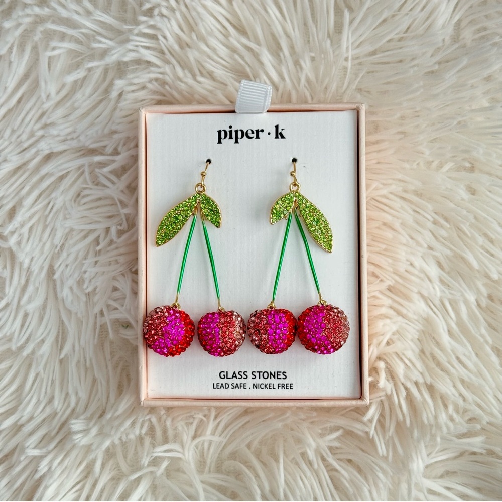 Piper K Cherry Hanging Earrings Glass Stones Fuchsia Red Pink Green Gold 2.5" - Picture 3 of 9
